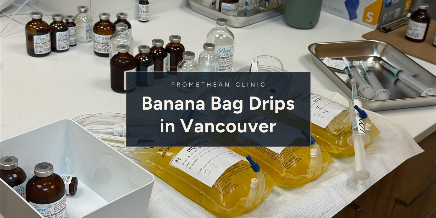 Banana Bag Drips in Vancouver. Vitamin and mineral vials laid out beside prepared infusion bags at Promethean Clinic in Vancouver.