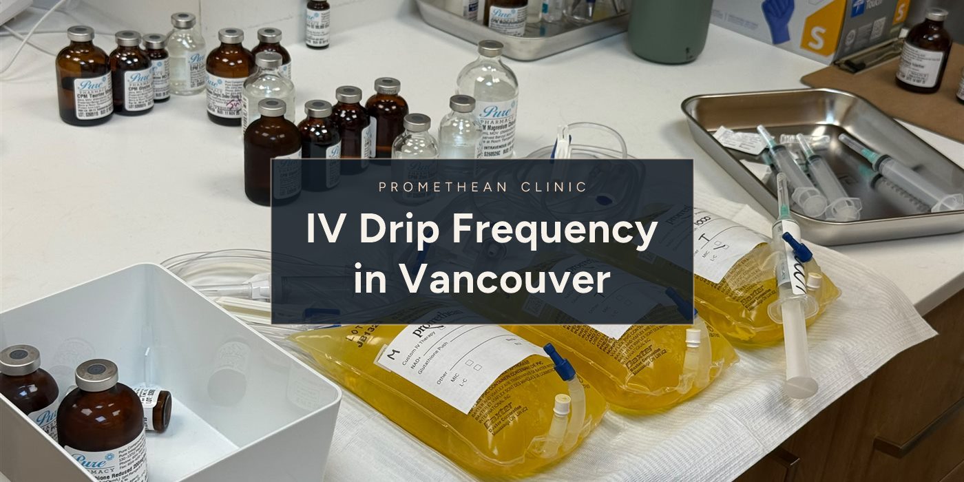 IV Drip Frequency in Vancouver. Vitamin and mineral vials laid out beside prepared infusion bags at Promethean Clinic in Vancouver.