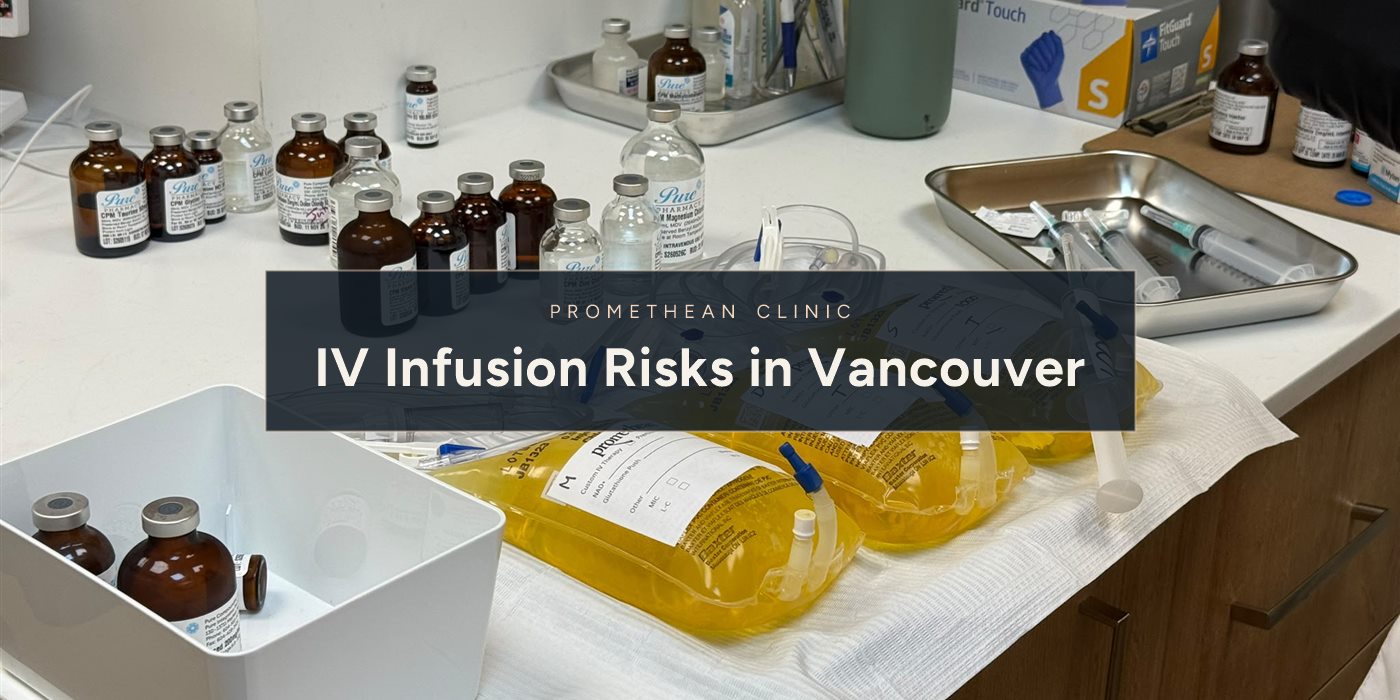 IV Infusion Risks in Vancouver. Vitamin and mineral vials prepared for a custom infusion at Promethean Clinic in Vancouver.
